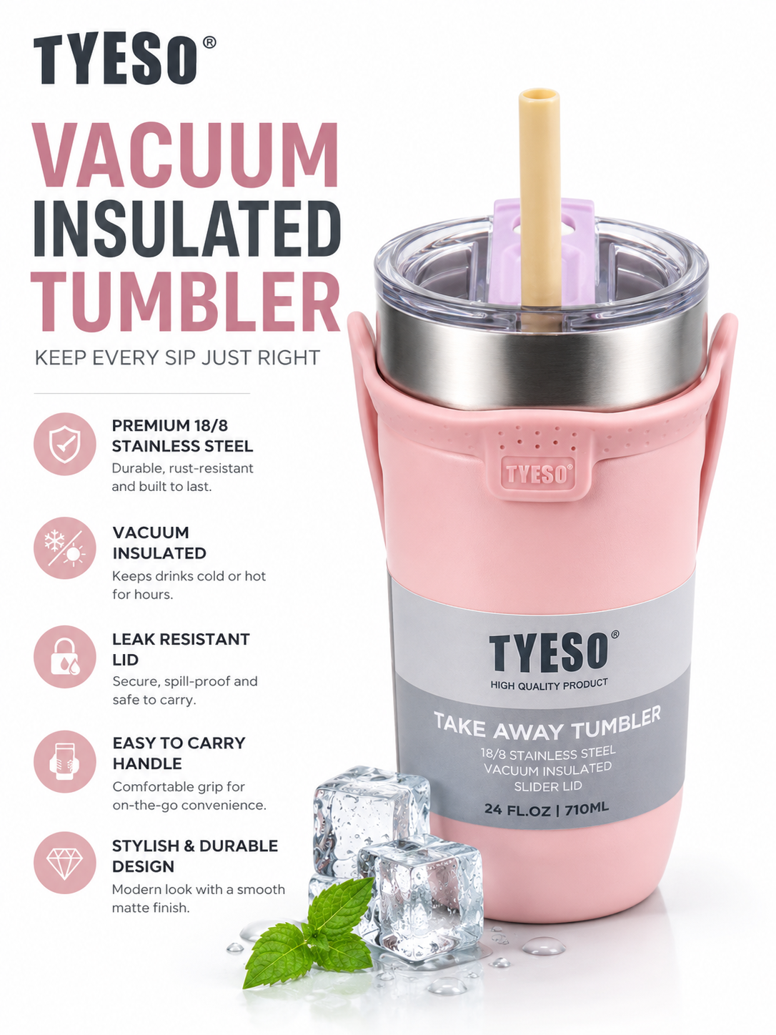 TYESO® Vacuum Insulated Tumbler – 710ml Premium Stainless Steel Travel Tumbler