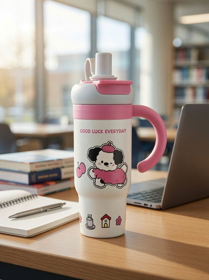 Adorable Good Luck Everyday Tumbler – Cute Puppy Design with Handle & Straw 780ml