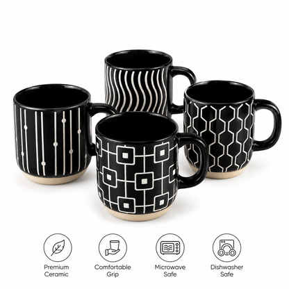 ☕ Premium Black Ceramic Mugs – Set of 4