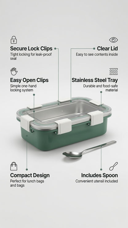 Premium Stainless Steel Lunch Box with Secure Lock Clips – Leak-Proof, Food-Safe Container with Spoon | Green