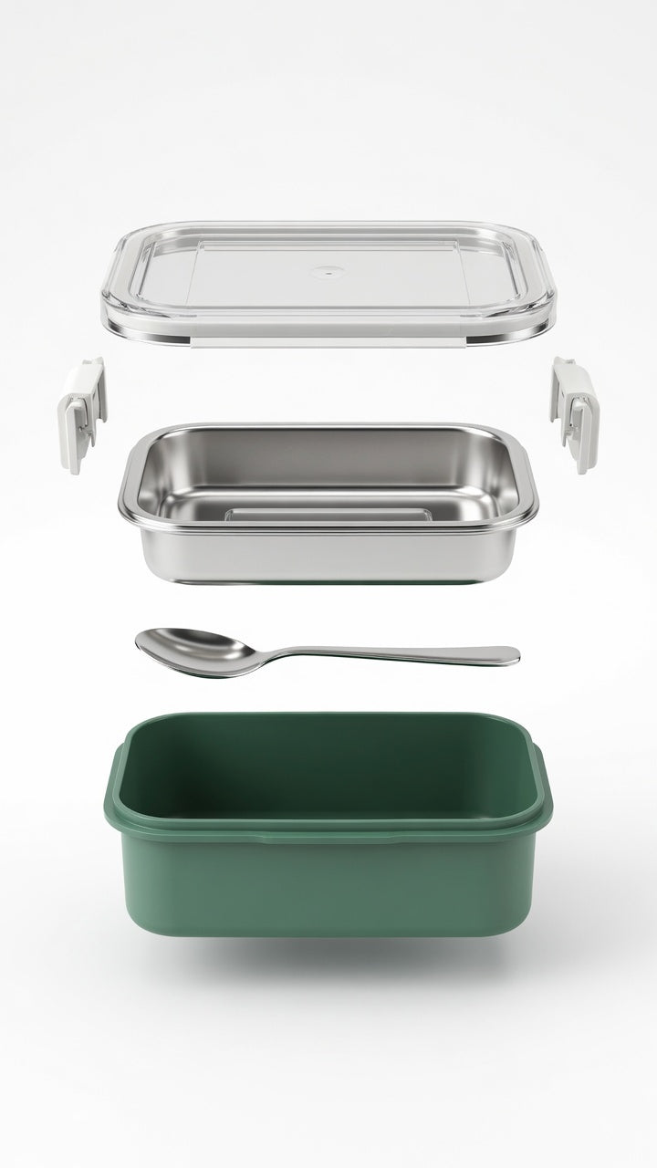 Premium Stainless Steel Lunch Box with Secure Lock Clips – Leak-Proof, Food-Safe Container with Spoon | Green