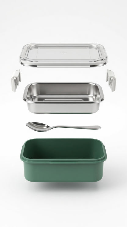 Premium Stainless Steel Lunch Box with Secure Lock Clips – Leak-Proof, Food-Safe Container with Spoon | Green