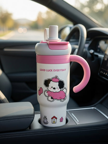 Adorable Good Luck Everyday Tumbler – Cute Puppy Design with Handle & Straw 780ml