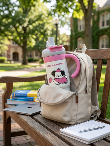 Adorable Good Luck Everyday Tumbler – Cute Puppy Design with Handle & Straw 780ml