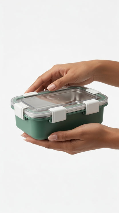 Premium Stainless Steel Lunch Box with Secure Lock Clips – Leak-Proof, Food-Safe Container with Spoon | Green