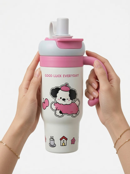Adorable Good Luck Everyday Tumbler – Cute Puppy Design with Handle & Straw 780ml