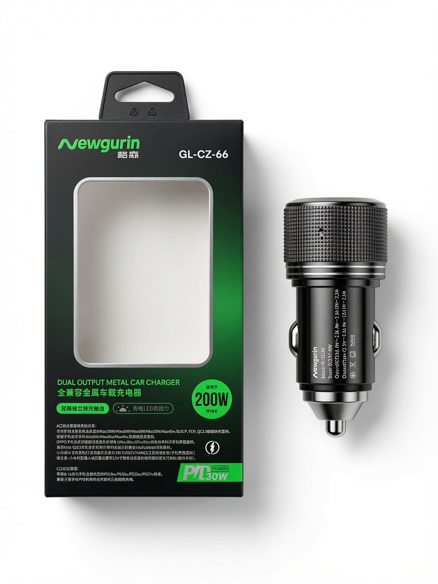 Newgurin 200W Dual Port Metal Car Charger | Fast PD 30W + QC Charging