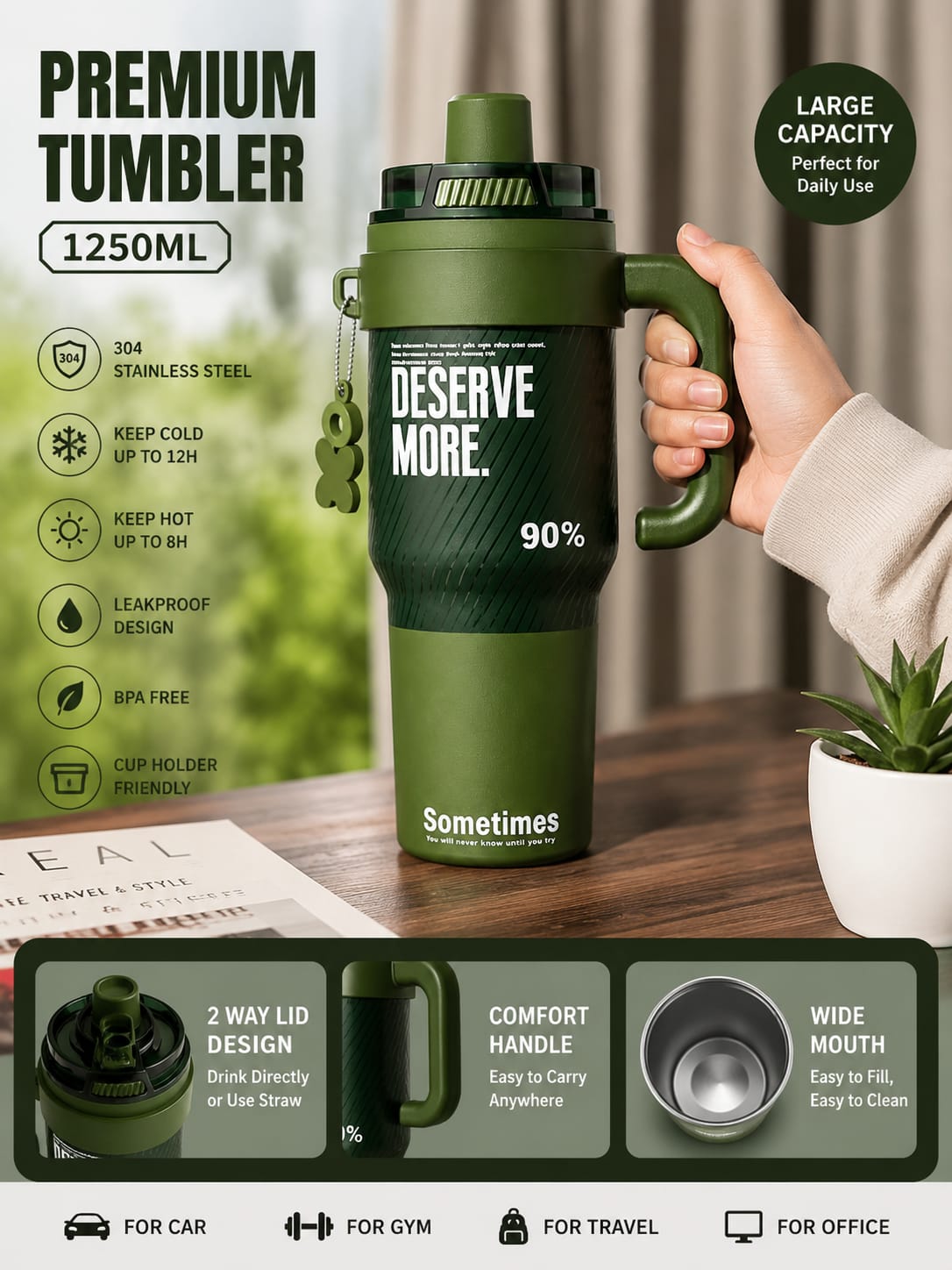 Premium 1250ml Stainless Steel Tumbler