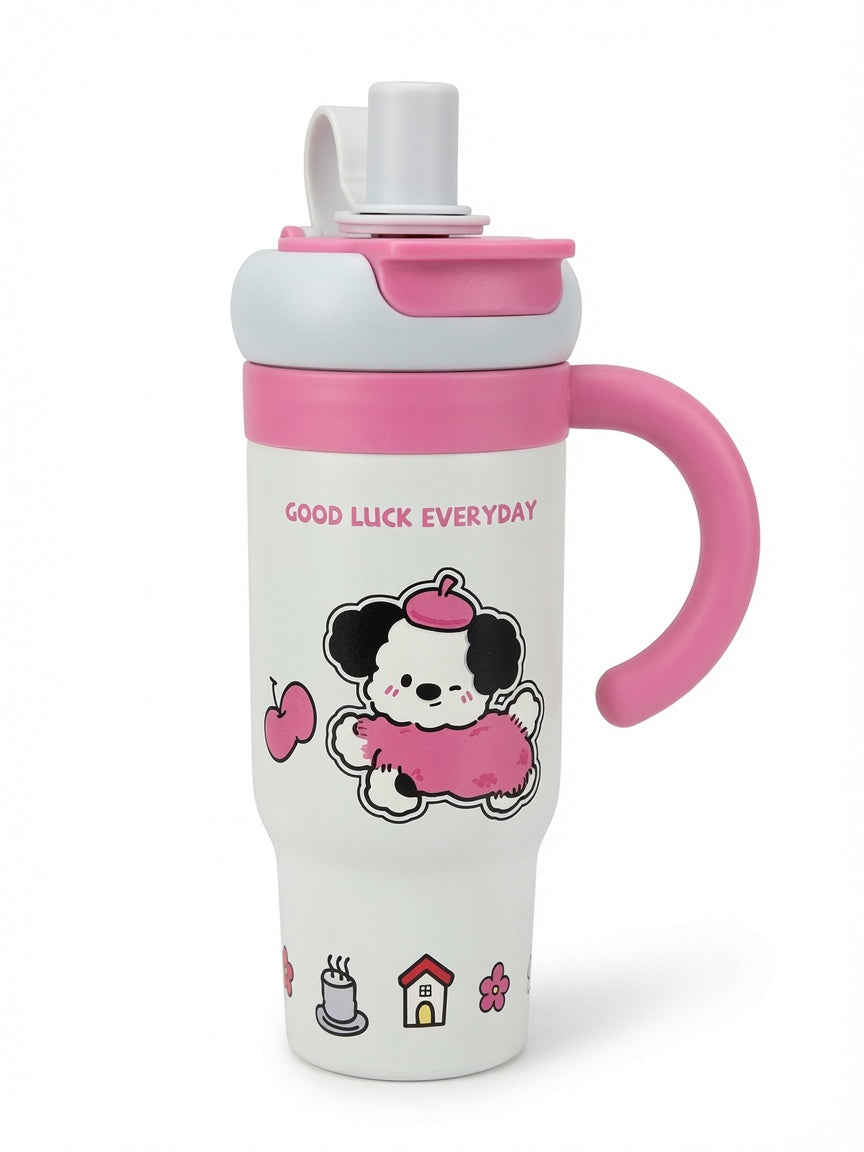 Adorable Good Luck Everyday Tumbler – Cute Puppy Design with Handle & Straw 780ml